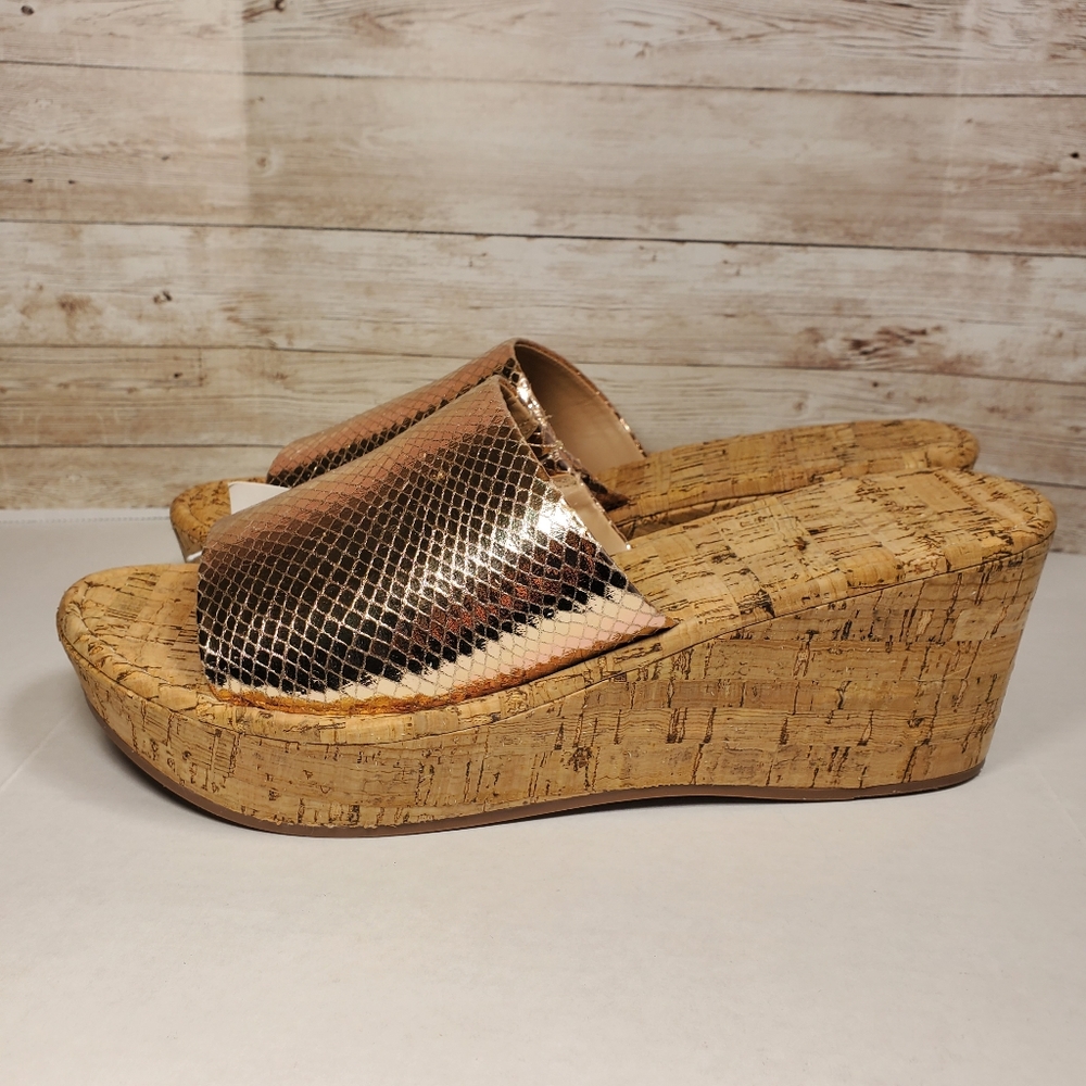 NY&CO Rose Gold Print Cork Bottom Mule Wedge Pumps